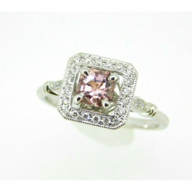 14k Gold Asscher Genuine Natural Morganite and Diamond Halo Ring (#J5053)