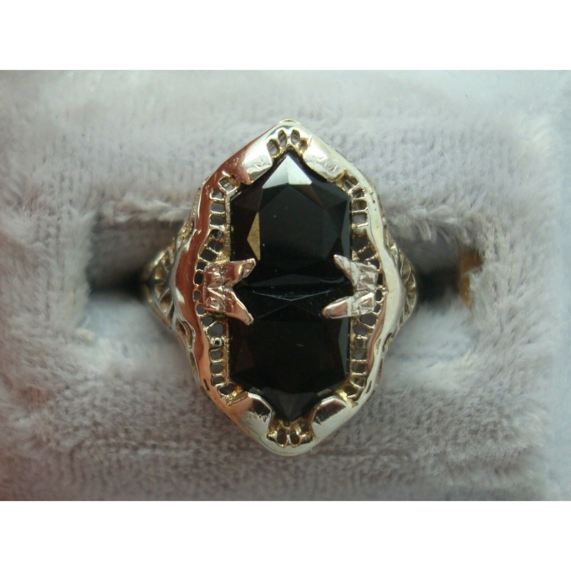 14K Gold Filigree Ring with Two Black Genuine Natural Onyxes (#J910)