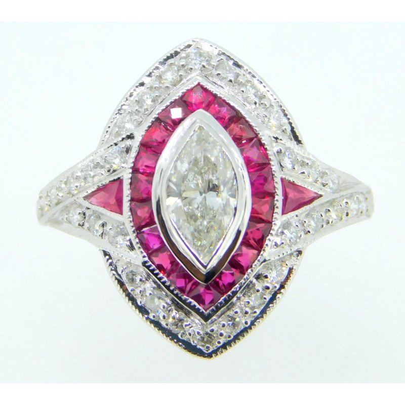 14k Gold Marquise Genuine Natural Diamond Ring w/ Ruby and Diamond Halo (#J4213)
