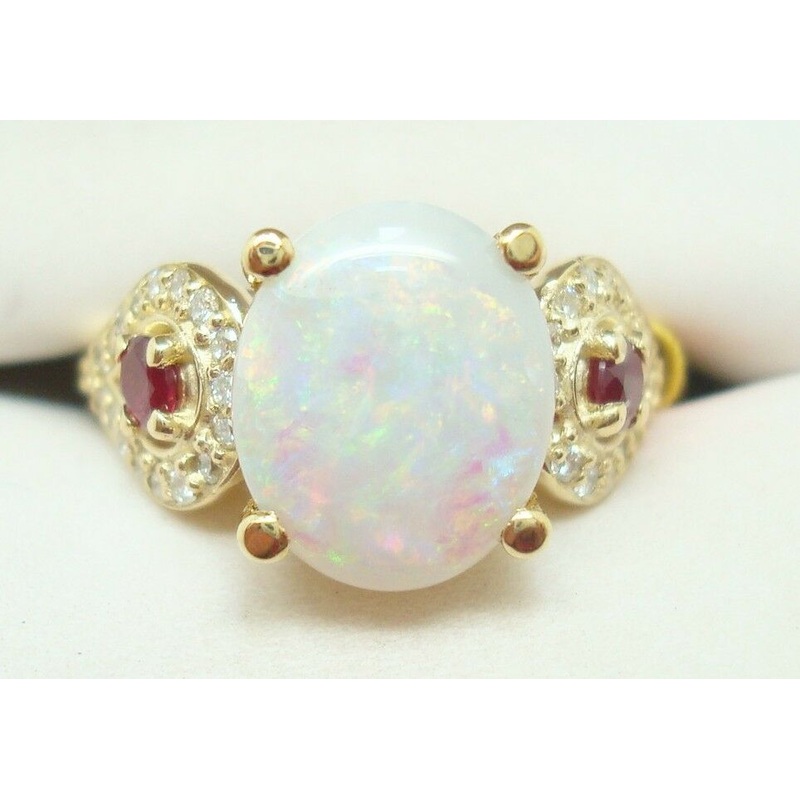 14K Gold Oval 2.05ct Genuine Natural Opal Ring with Rubies and Diamonds (#J2650)