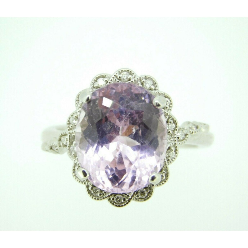 14k Gold Oval 6.95ct Genuine Natural Kunzite Ring with Diamond Halo (#J4453)