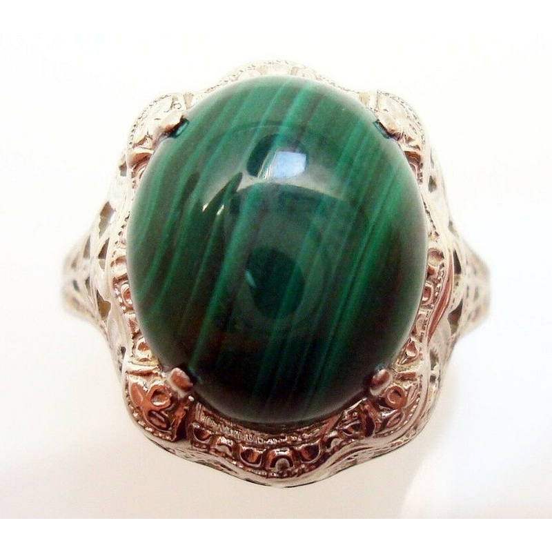 14K Gold Oval Genuine Natural Malachite Filigree Ring (#J2900)