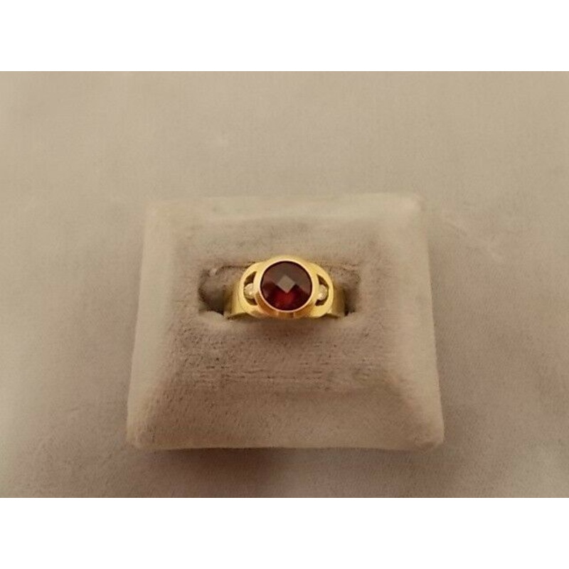 14K Gold Round Checkerboard Genuine Natural Garnet Ring with Diamonds (#J395)