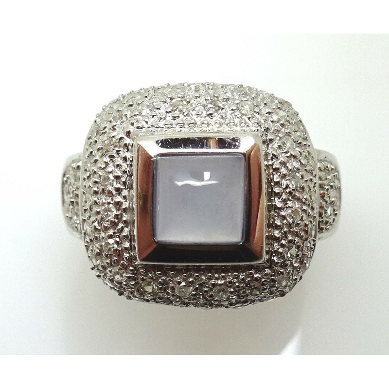 14k Gold Square Genuine Natural Chalcedony Ring with Diamonds (#J3519)