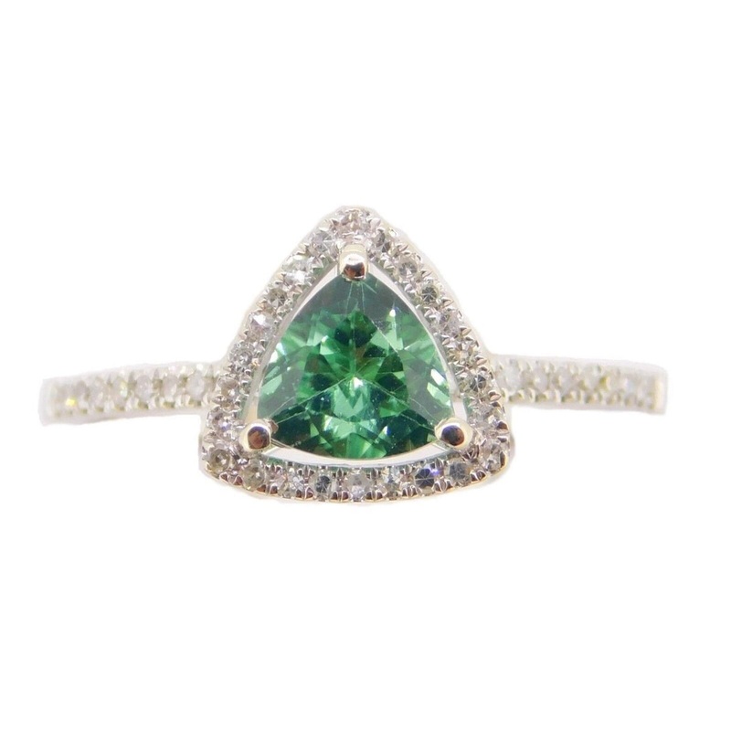 14k Gold Trillion Cut .64ct Green Genuine Tourmaline Ring with Diamonds (#J4002)