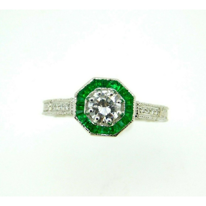 14k White Gold Genuine Natural Diamond Ring with Emerald Halo (#J5058)