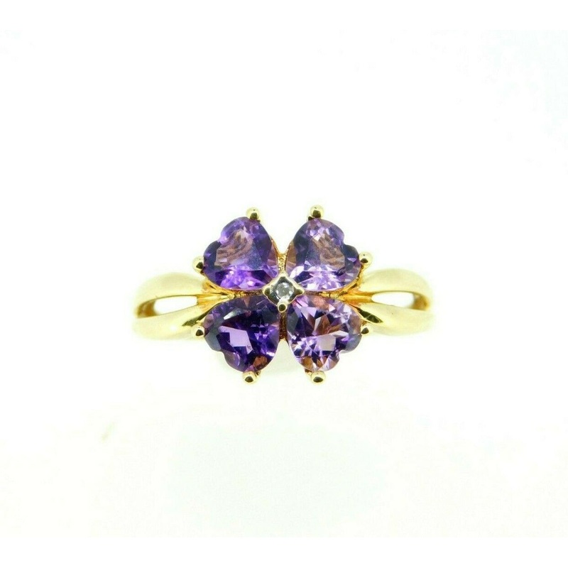 14k Yellow Gold Genuine Natural Amethyst and Diamond Heart Clover Ring (#J5008)