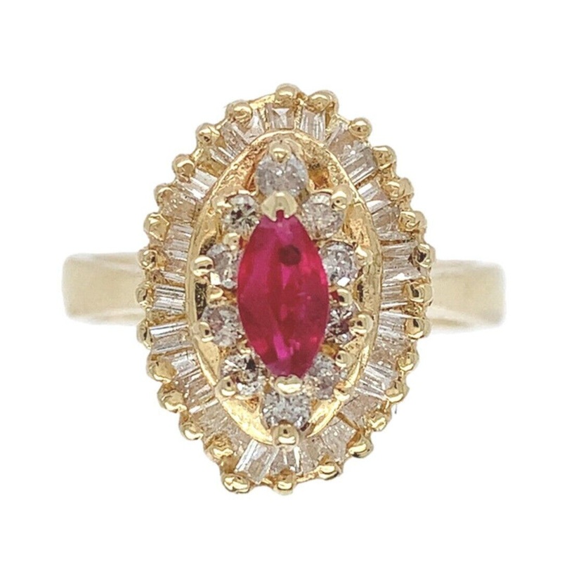 14k Yellow Gold Marquise Genuine Natural Ruby and Diamond Cocktail Ring (#J2748)