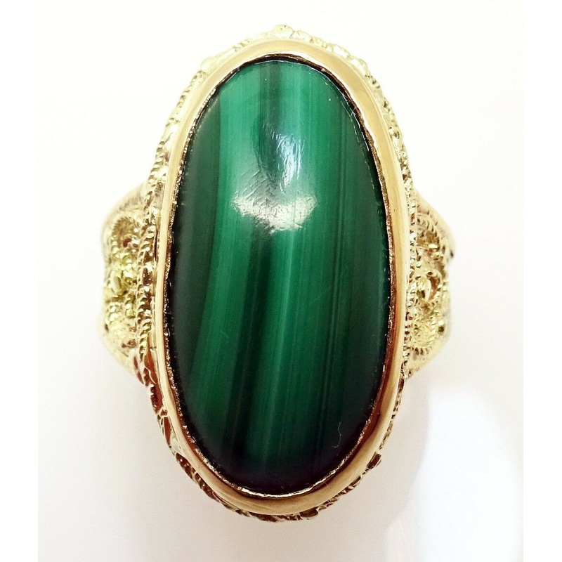 14K Yellow Gold Oval Genuine Natural Malachite Ring (#J3264)