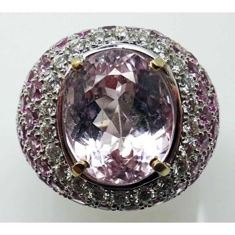 18K Gold 4.0ct Genuine Natural Kunzite Ring w/Pink Sapphires & Diamonds (#J3134)