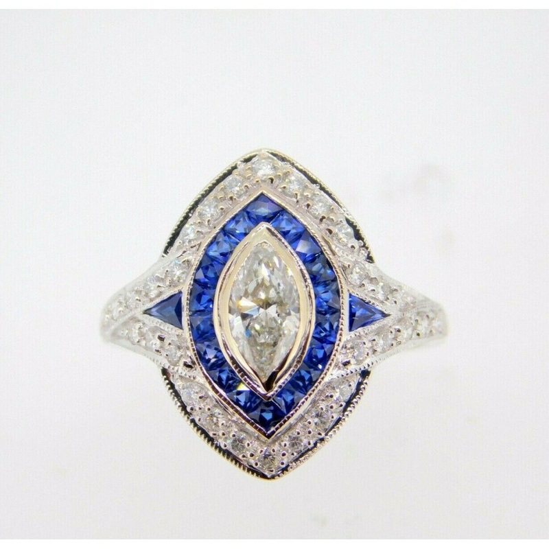 18k Gold .65ct Genuine Natural Diamond Ring with Halo Blue Sapphires (#J4013)