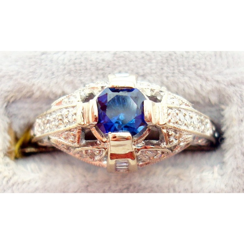 18k Gold Art Deco Style Genuine Natural Blue Sapphire and Diamond Ring (#J2699)