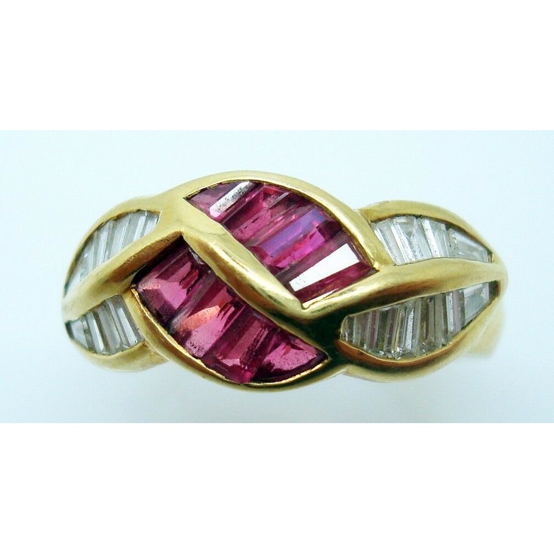 18K Gold Ring with Baguette Genuine Natural Rubies and Diamonds (#J1551)