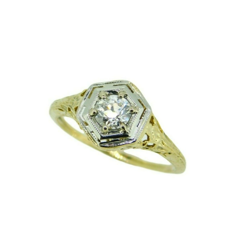 Art Deco 14k Yellow Gold 1/3ct Genuine Natural Diamond Filigree Ring (#J4634)