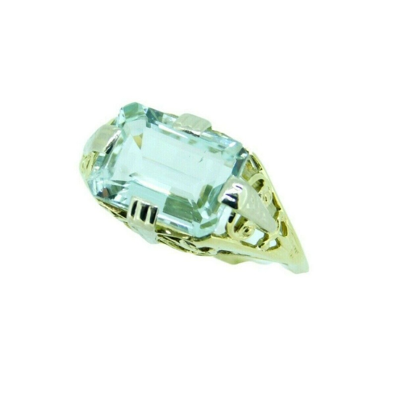 Art Deco 14k Yellow Gold Filigree 2.72ct Genuine Natural Aquamarine Ring #J4521
