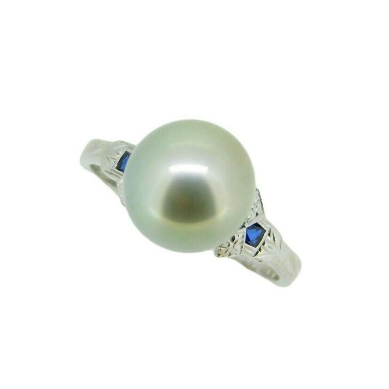 Art Deco 18k Gold 9mm Tahitian Grey Pearl Ring w/ Lab-Created Sapphires (#J4577)