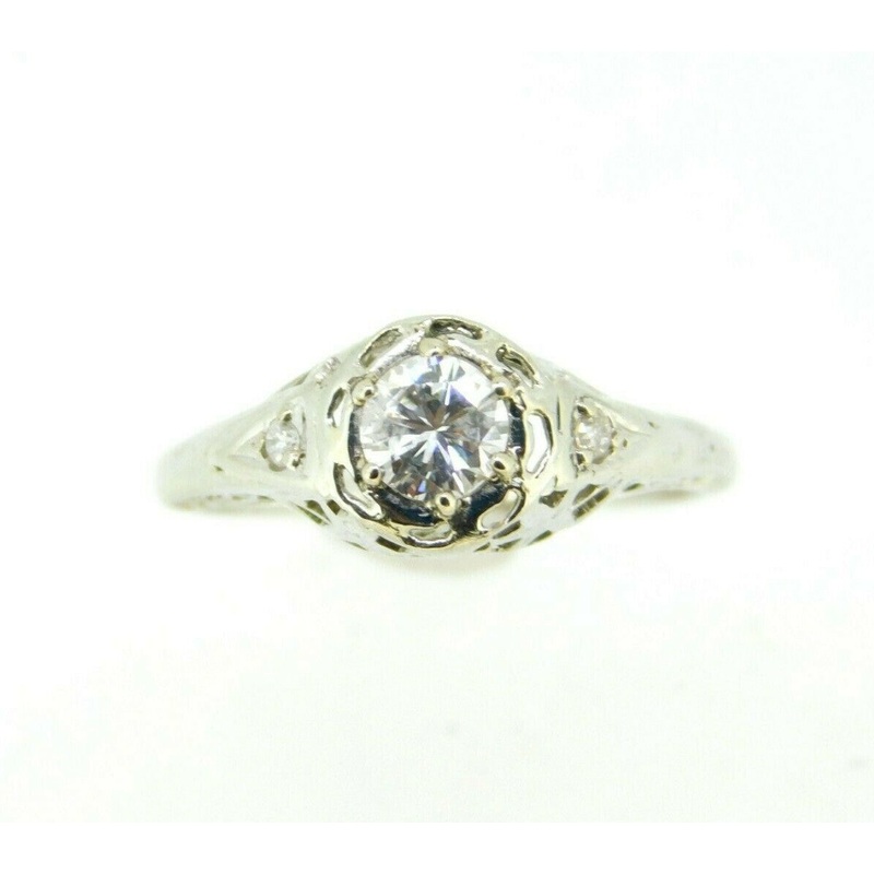 Art Deco 18K White Gold Filigree .35ct Genuine Natural Diamond Ring (#J4492)