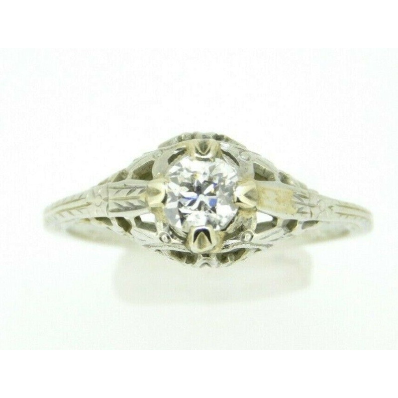 Art Deco 18k White Gold Filigree Genuine Natural Diamond Ring .37ct  (#J741)