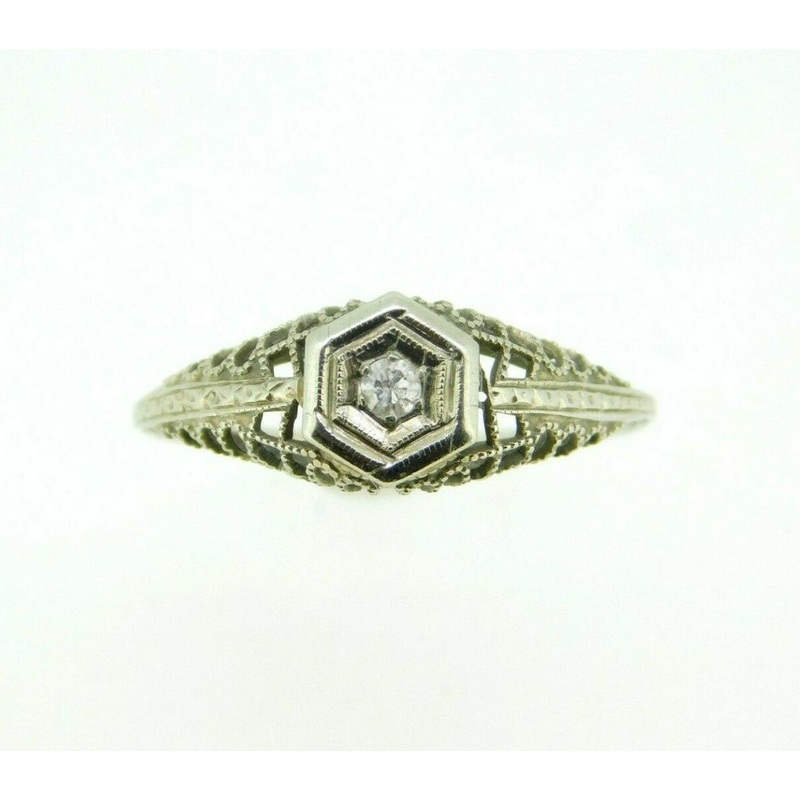 Art Deco 18k White Gold Filigree Ring with .05ct Genuine Natural Diamond (#J958)