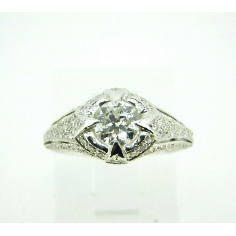 Art Deco 18k White Gold Genuine Natural Diamond Ring 1.05ct Milgrain (#J614)