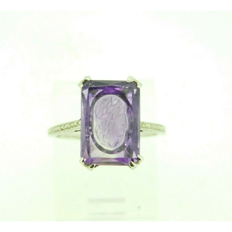 Deco 18K White Gold Genuine Natural Amethyst Cameo Ring (#J2656)