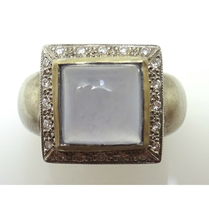Modern 14k Gold Square Genuine Natural Chalcedony Ring with Diamonds (#J3603)