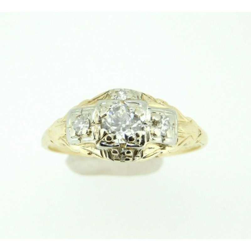 Vintage 18k Yellow Gold Genuine Natural Diamond Three Stone Ring .43ct (#J852)