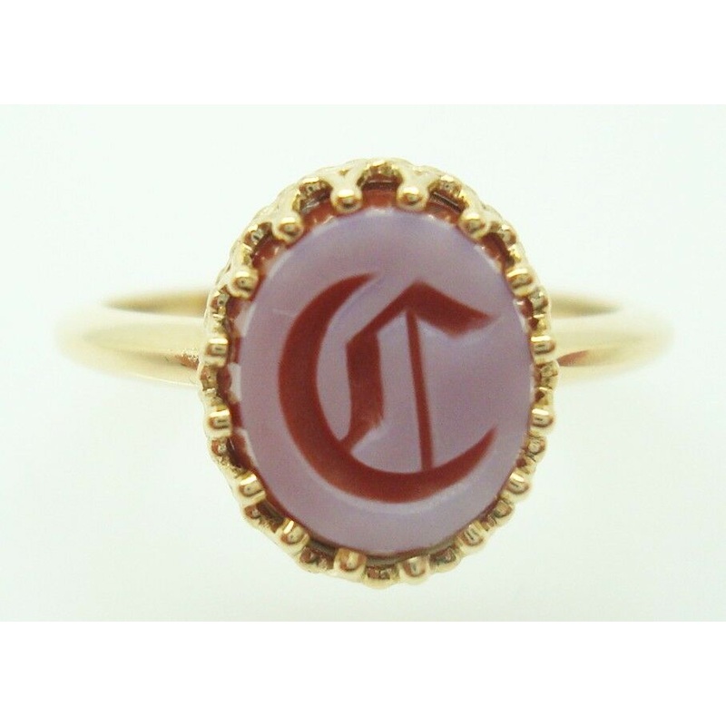 14K Gold Carved Genuine Natural Agate Ring with Initial "C" (#J2816)