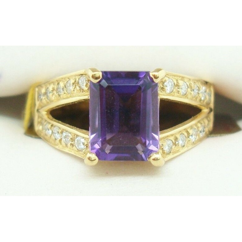 14K Gold Emerald Cut 1.40ct Genuine Natural Amethyst Ring with Diamonds (#J2363)
