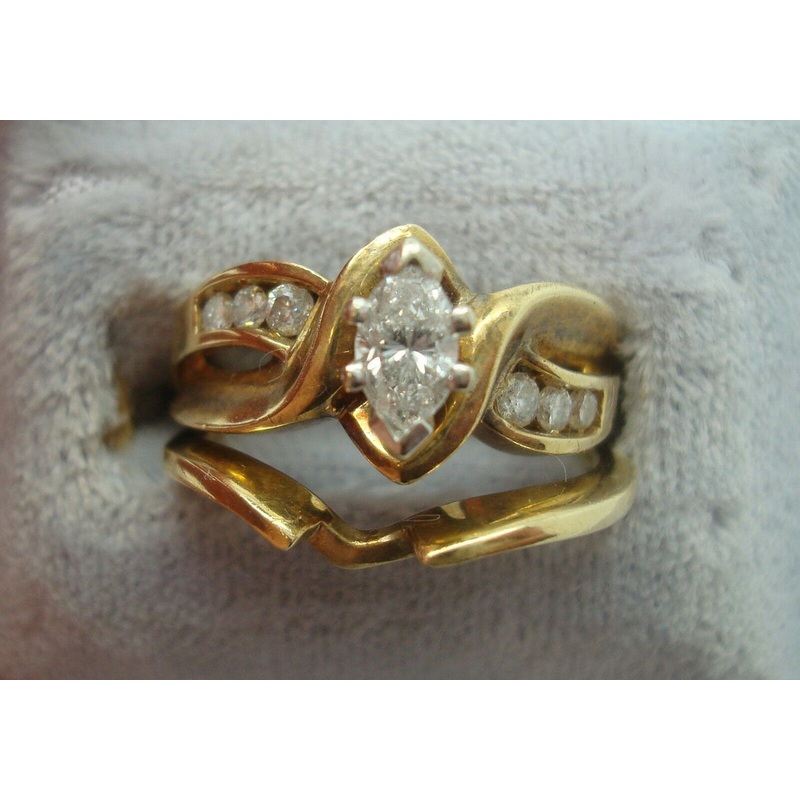 14K Yellow Gold Wedding Set with Marquise/Round Genuine Natural Diamonds #J877