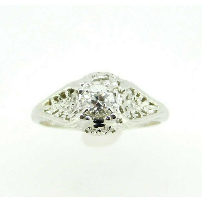Art Deco 18k White Gold Genuine Natural Diamond Filigree Ring .36ct (#J865)