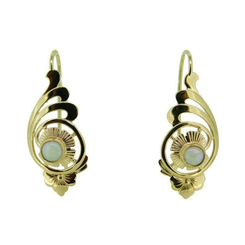 10k Yellow Gold Retro Pierced Genuine Natural Opal Earrings (#J4758)