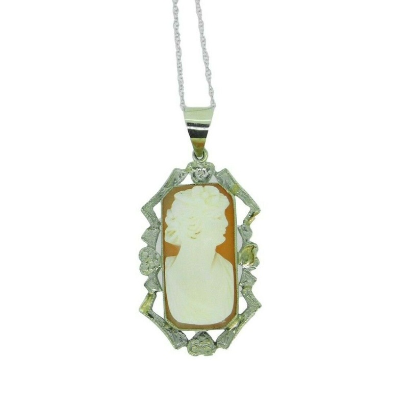 14k White Gold Genuine Natural Shell Cameo Pendant with Flower Border (#J2195)