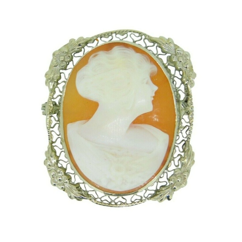 14k White Gold Genuine Natural Shell Cameo Pin Filigree Applied Flowers (#J2146)