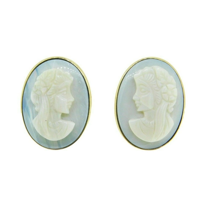 14k Yellow Gold Carved Genuine Natural Opal Cameo Earrings (#J3020)