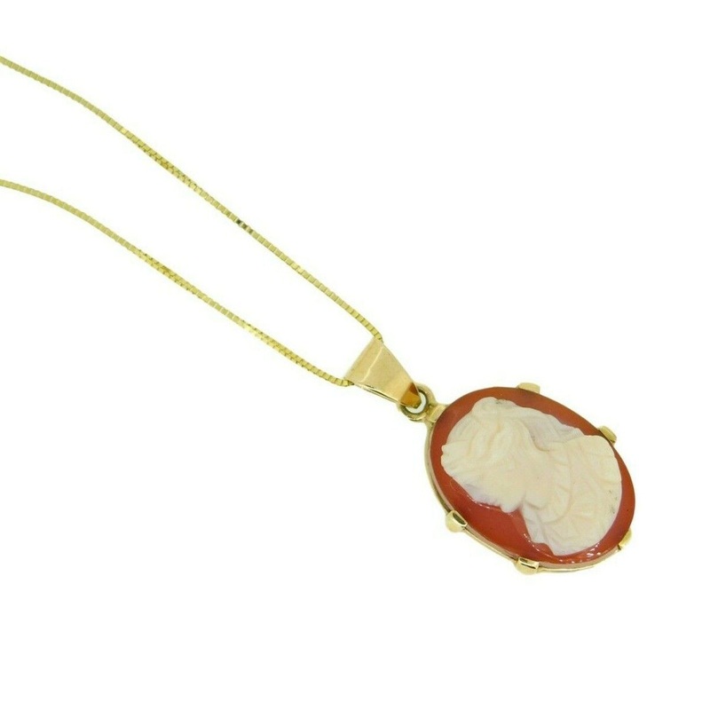 14k Yellow Gold Stone Genuine Natural Cameo Pendant with Chain (#J1093)