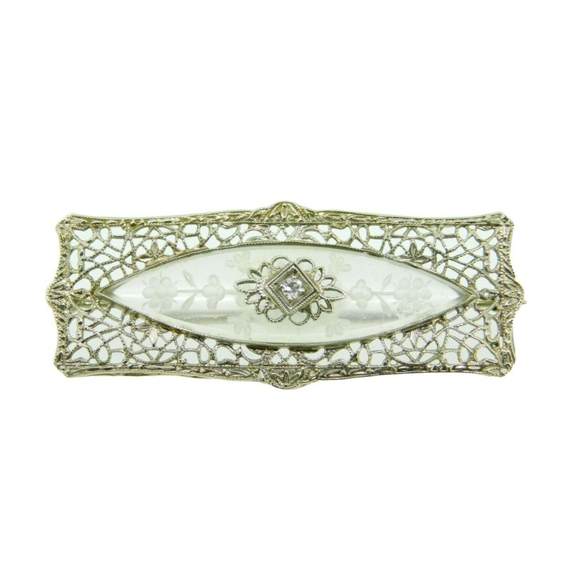Deco 14k White Gold Filigree Genuine Natural Carved Rock Crystal Pin (#J4747)
