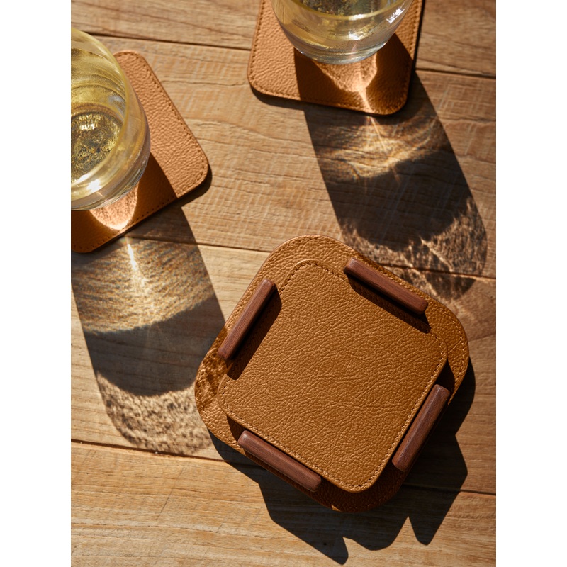 Leather and Walnut Coasters with Holder (Set of 6)