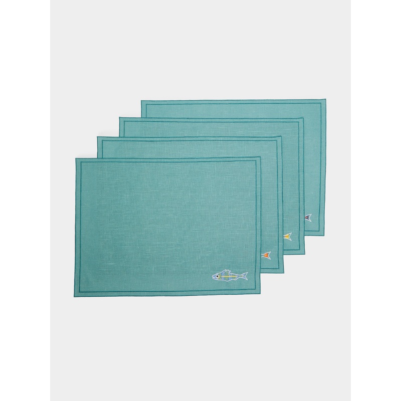 Sardines Embroidered Linen Placemats (Set of 4)