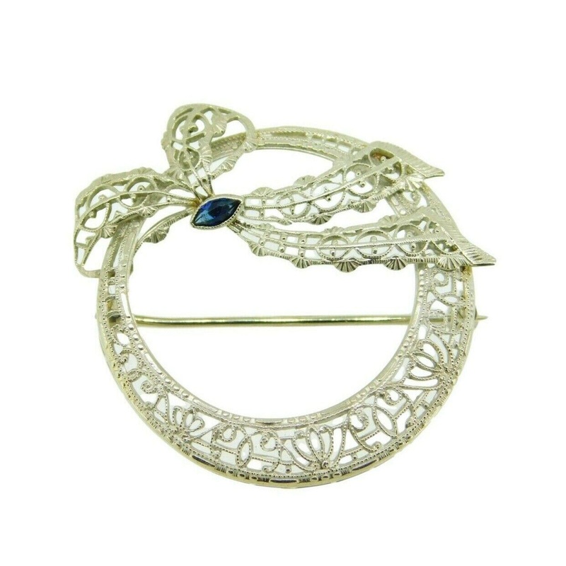 10k Gold Art Deco Filigree Brooch Pin Ribbon Bow w/Lab-Created Sapphire (#J1645)