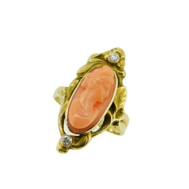 10k Gold Art Nouveau Genuine Natural Coral Cameo Ring with Diamonds (#J4647)