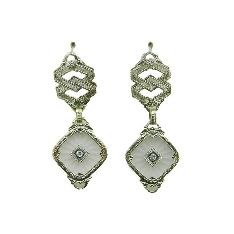 10k Gold Genuine Natural Rock Crystal Filigree Diamond Earrings (#J4609)