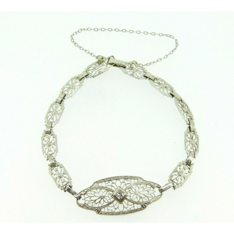 10k White Gold Art Deco Filigree Bracelet with Genuine Natural Diamond (#J663)