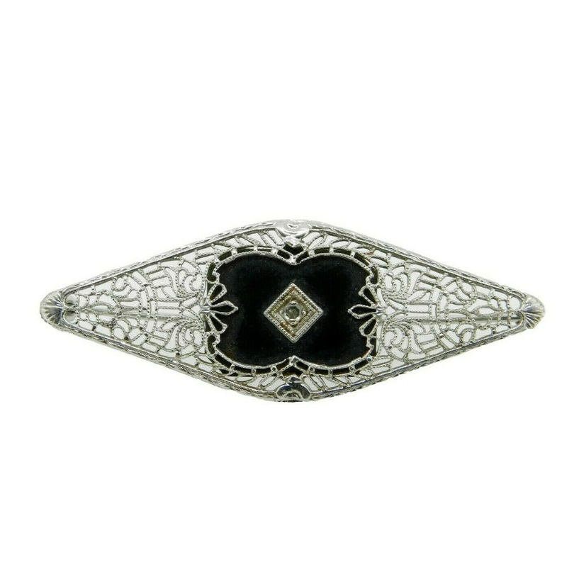 10k White Gold Filigree Genuine Natural Onyx and Diamond Pin (#J4661)
