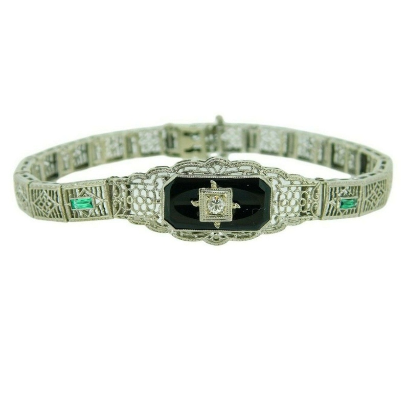 10k White Gold Filigree Onyx Diamond Bracelet (#J4606)