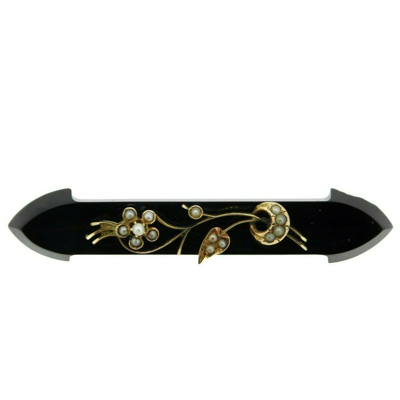 10k Yellow Gold Onyx Pin with Seed Pearl Flower (#J4704)
