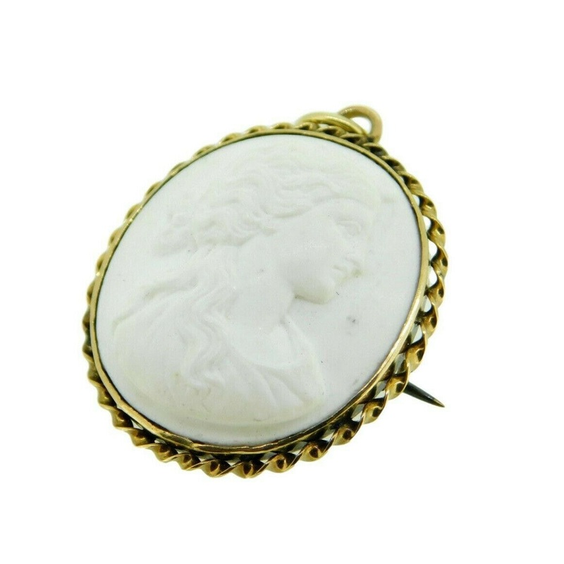 10k Yellow Gold White Lava Genuine Natural Cameo Pin Pendant (#J1036)