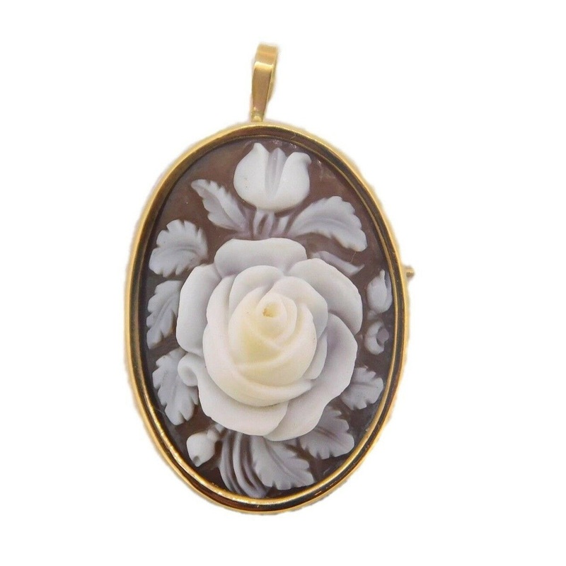 14k Genuine Natural Shell Cameo Pin / Pendant with Rose (#J3893)