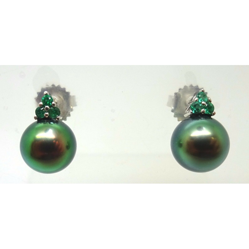 14k Gold 8.8 Tahitian Black Pearl Earrings with Emeralds (#J3639)