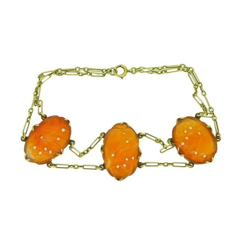14k Gold Art Deco Chinese Export Genuine Natural Carnelian Bracelet (#J4663)